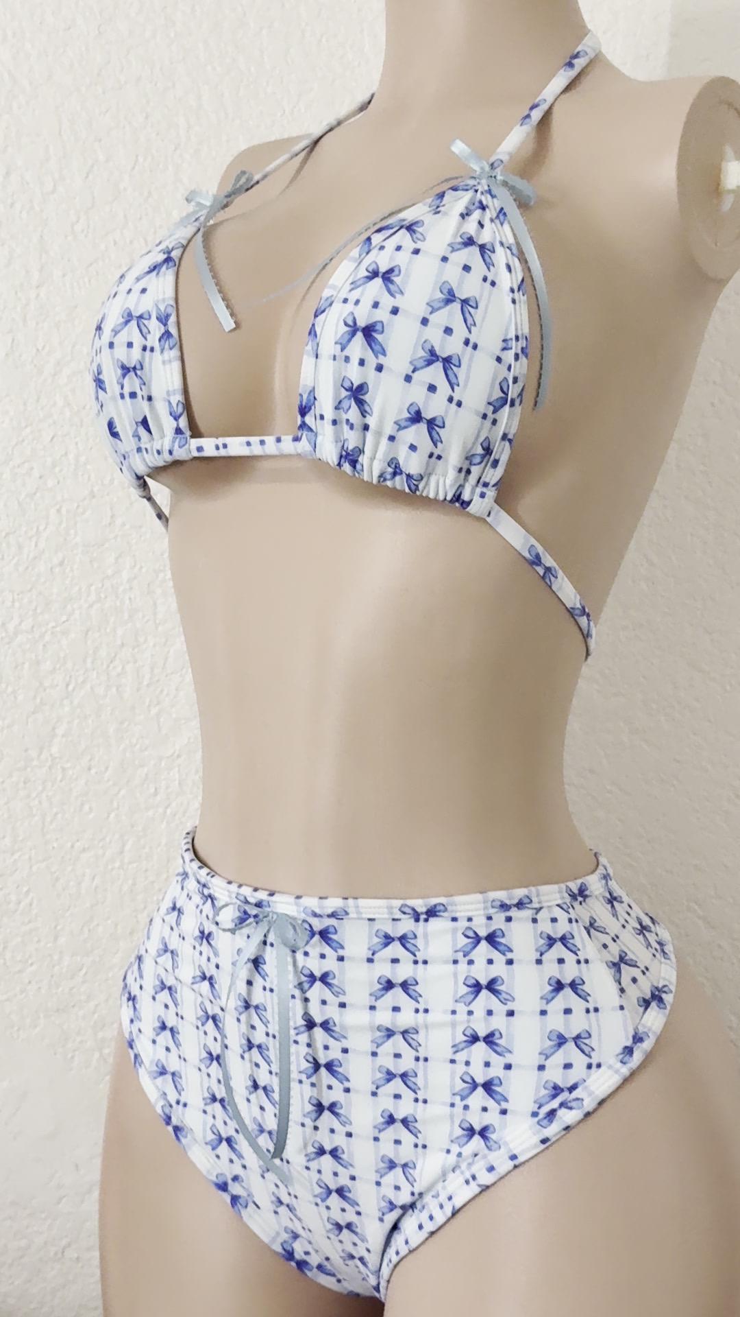 Blue Bow Bikini Set | Triangle Halter Top + High Waist Cheeky Bottoms | Bow Print Swimsuit | Y2K Coquette Beach Set | Summer Swimwear