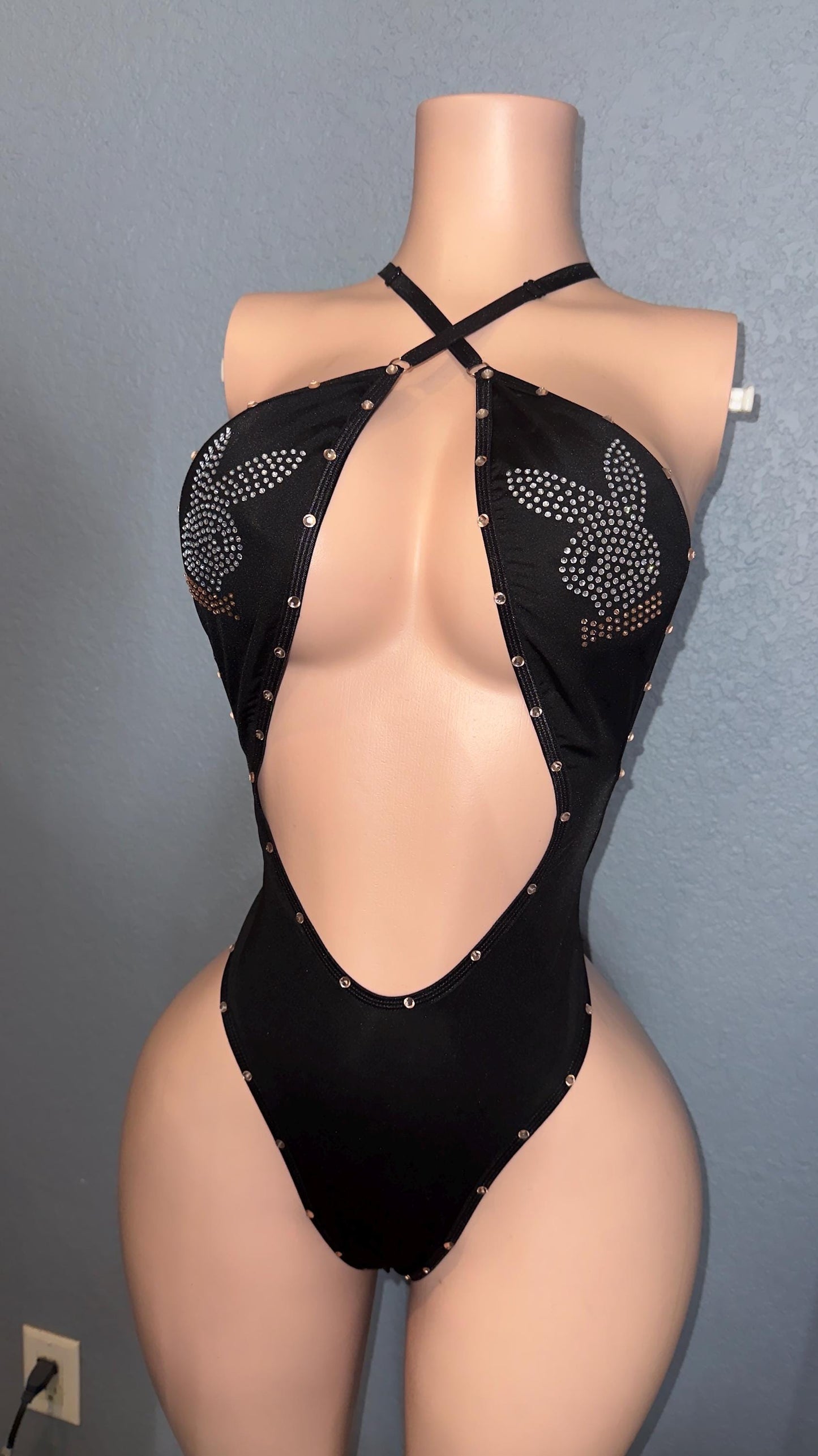 Black rhinestones playboy inspired one piece stripper outfit • pole outfit • sexy bartender set
