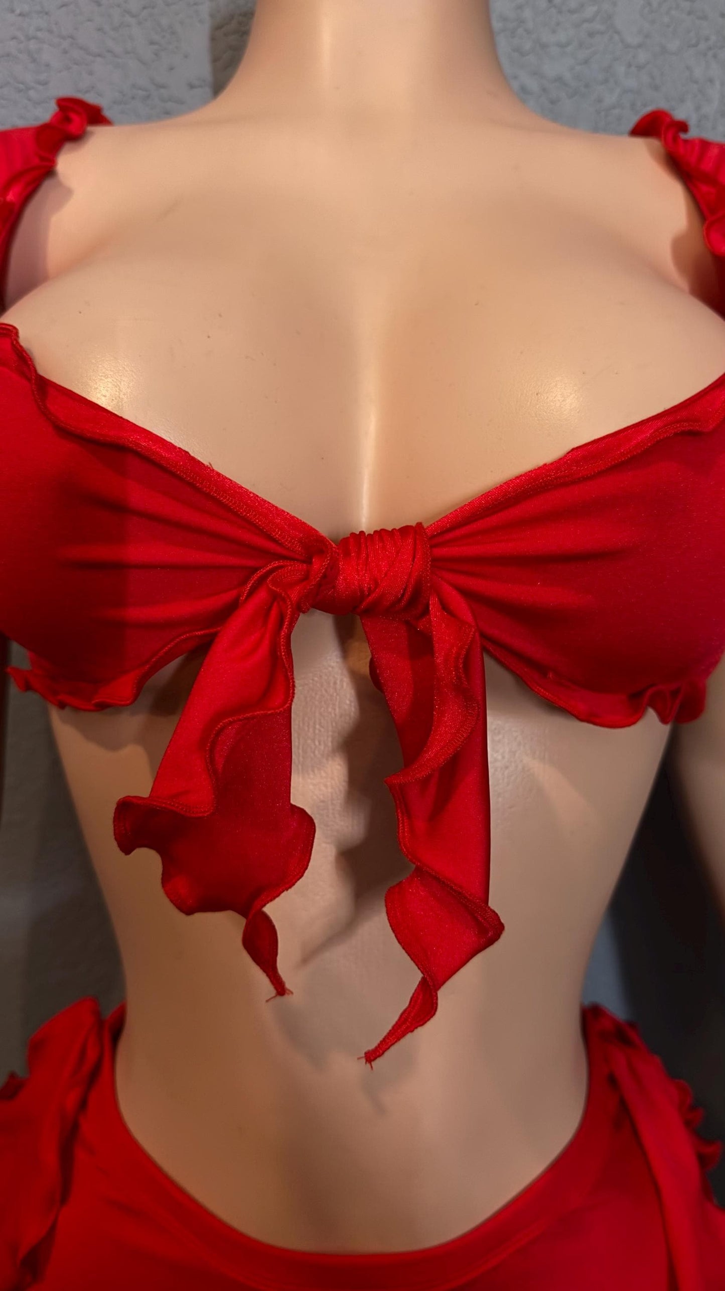 Red ruffle rave set with cheeky bottoms and attached side ties