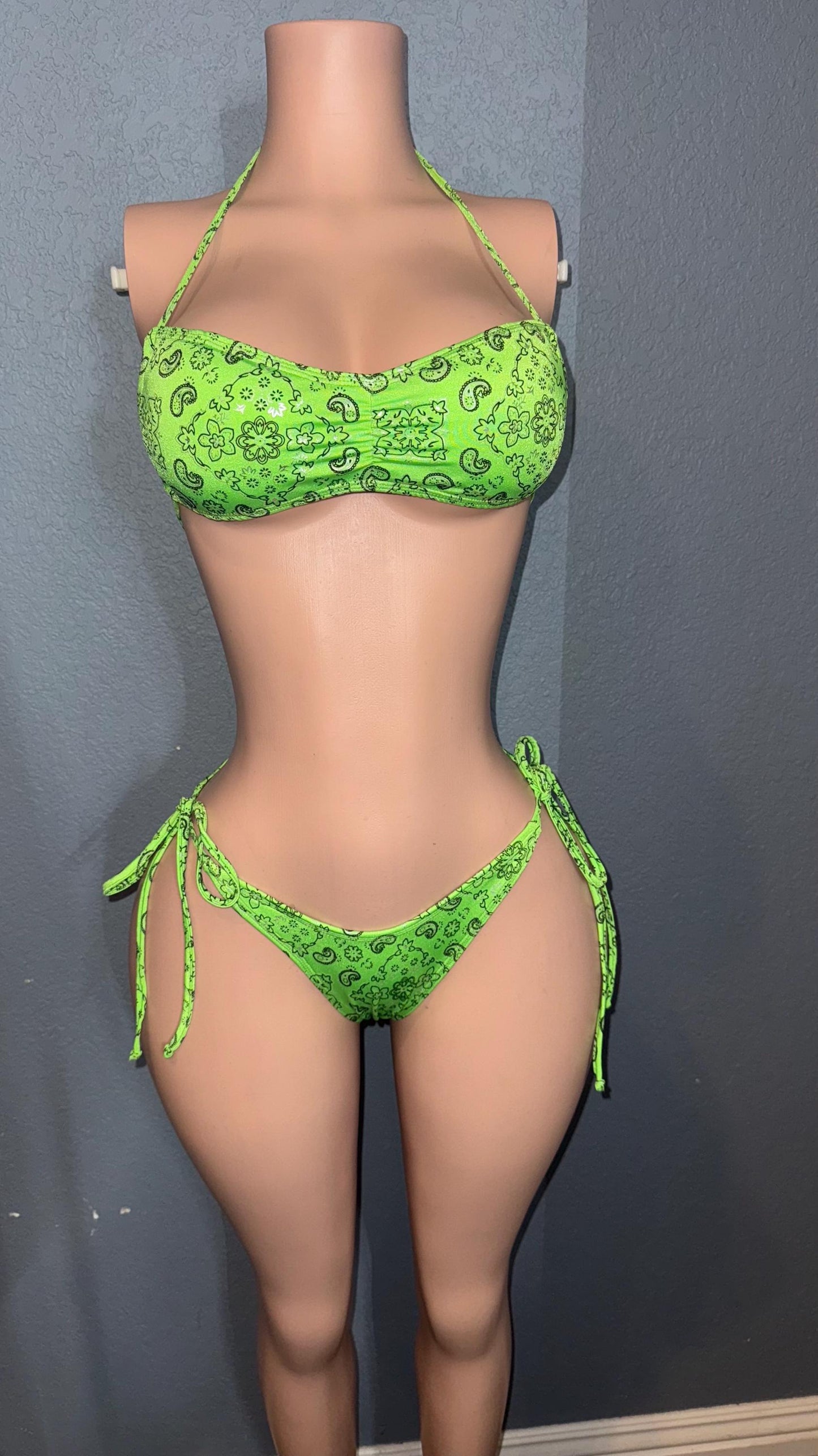 Neon Green Bandana Bikini Set - Tie Side Swimsuit