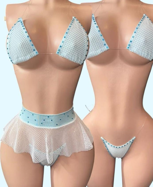 Ice Princess Rhinestone Bikini – White Mesh Festival Outfit, Handmade Exotic Dancewear, Micro Set with Skirt Option