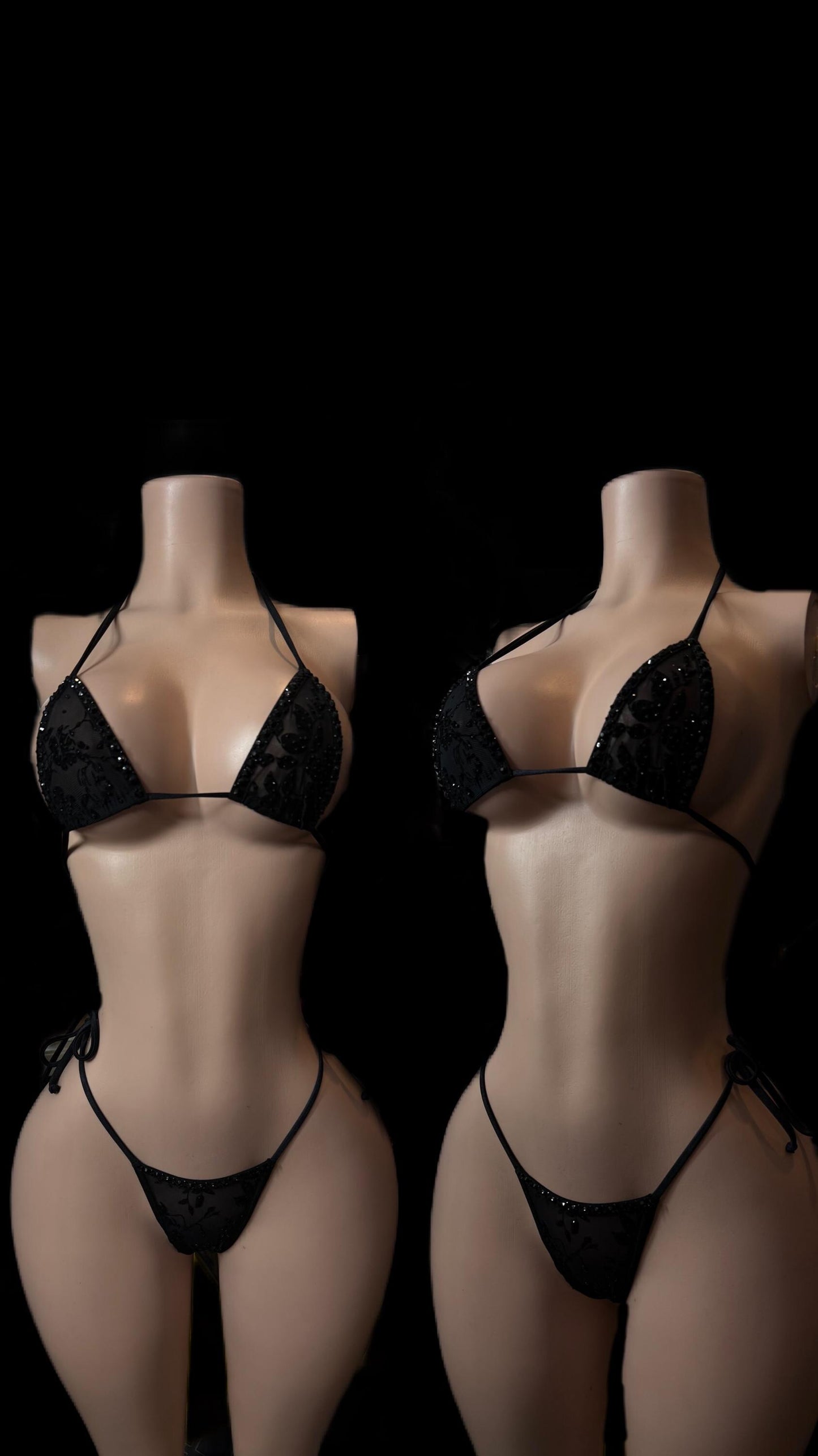 Black Sheer Rhinestone Bikini: Pole Dance Performance Set