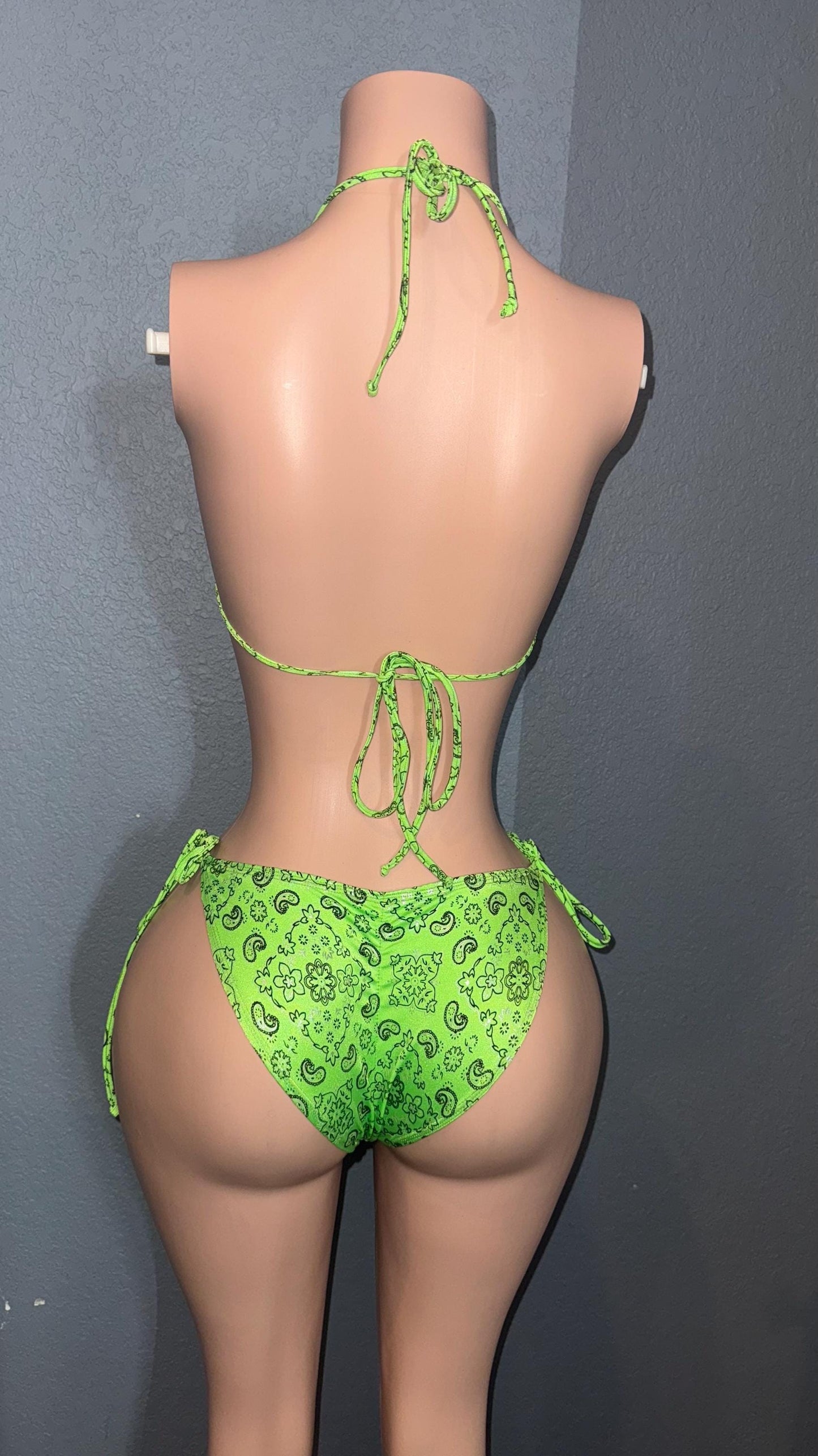 Neon Green Bandana Bikini Set - Tie Side Swimsuit