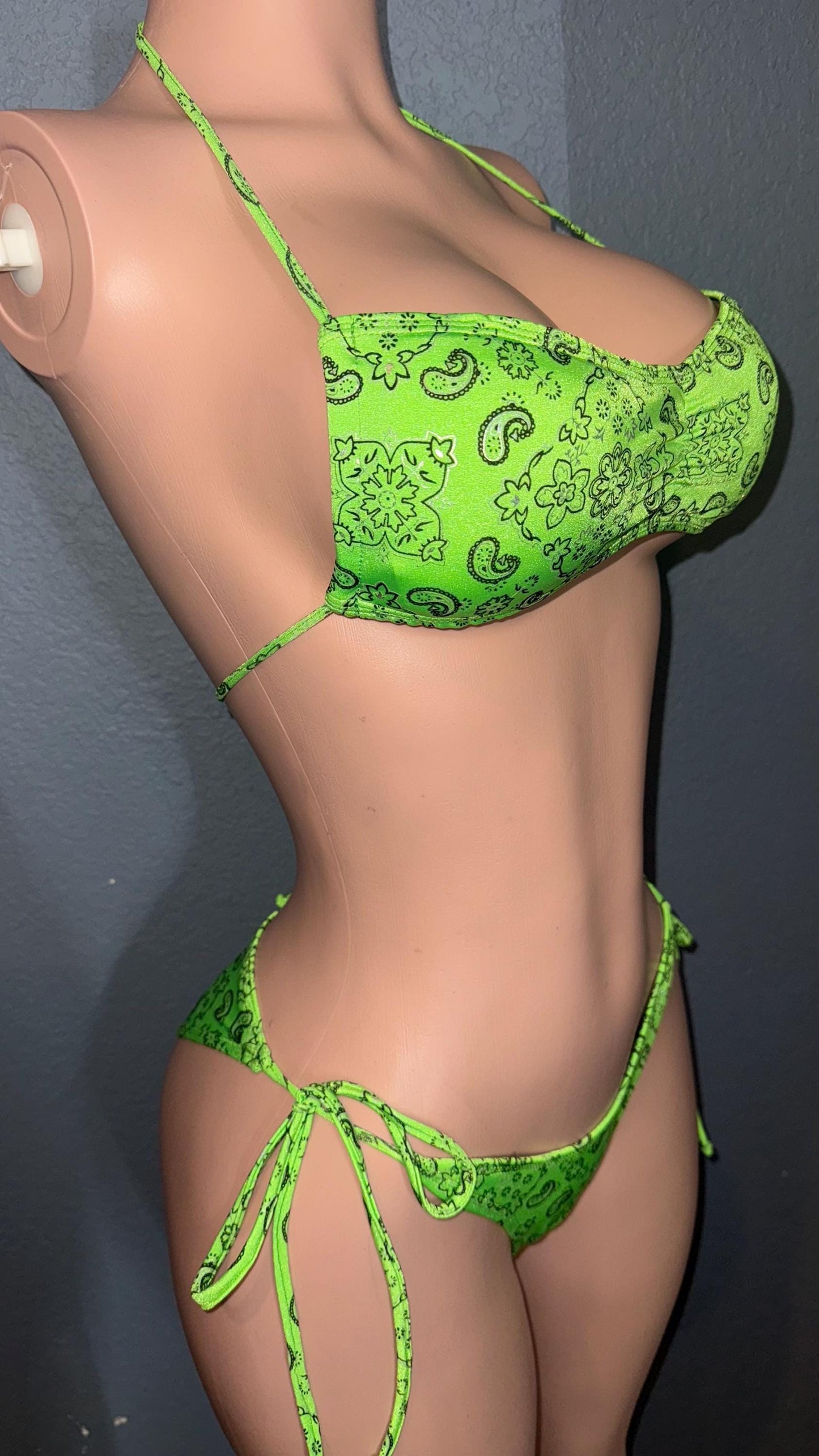 Neon Green Bandana Bikini Set - Tie Side Swimsuit