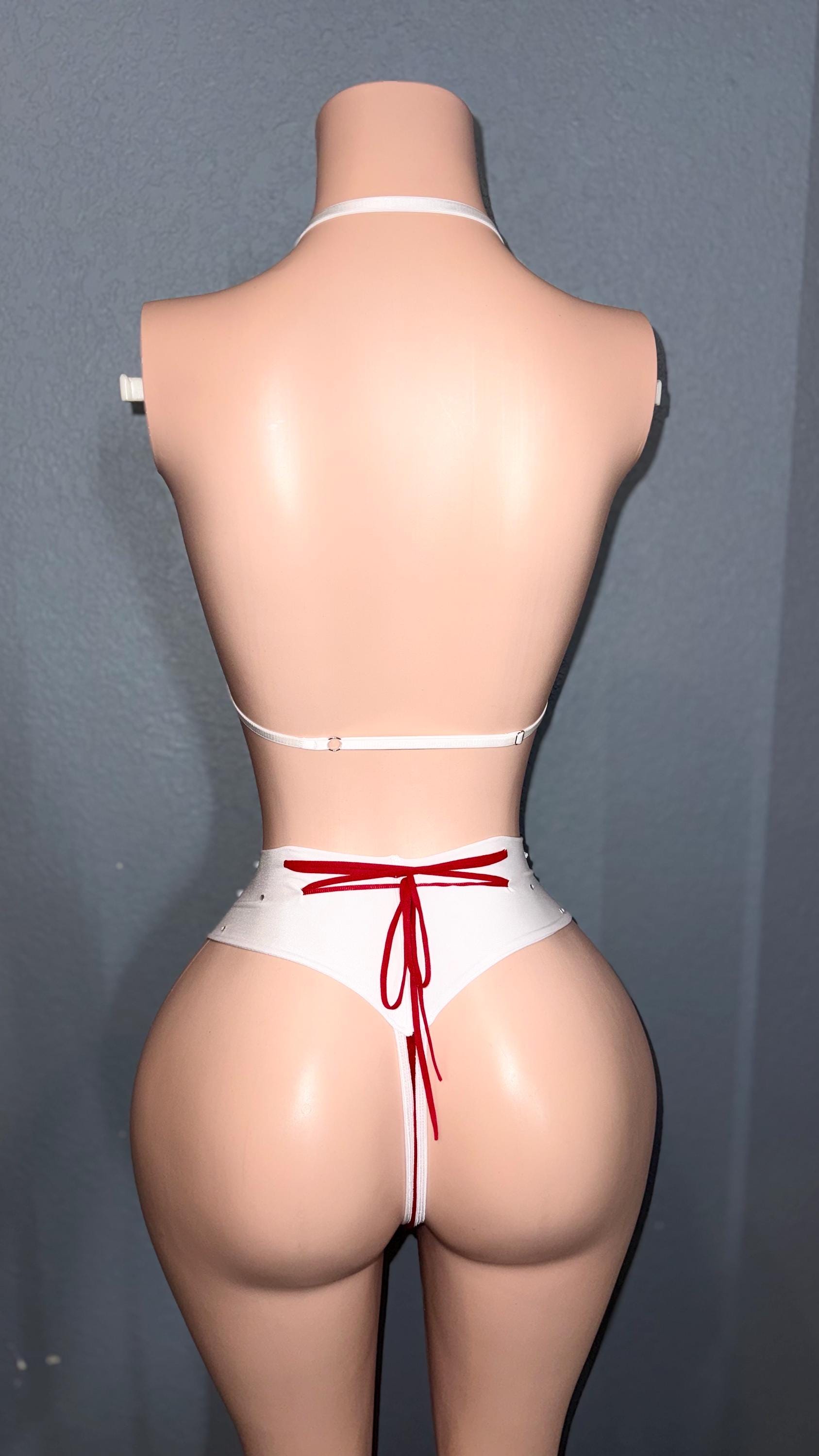 Rhinestone Bow Christmas Bikini: Corset Back Pole Dancer Set
