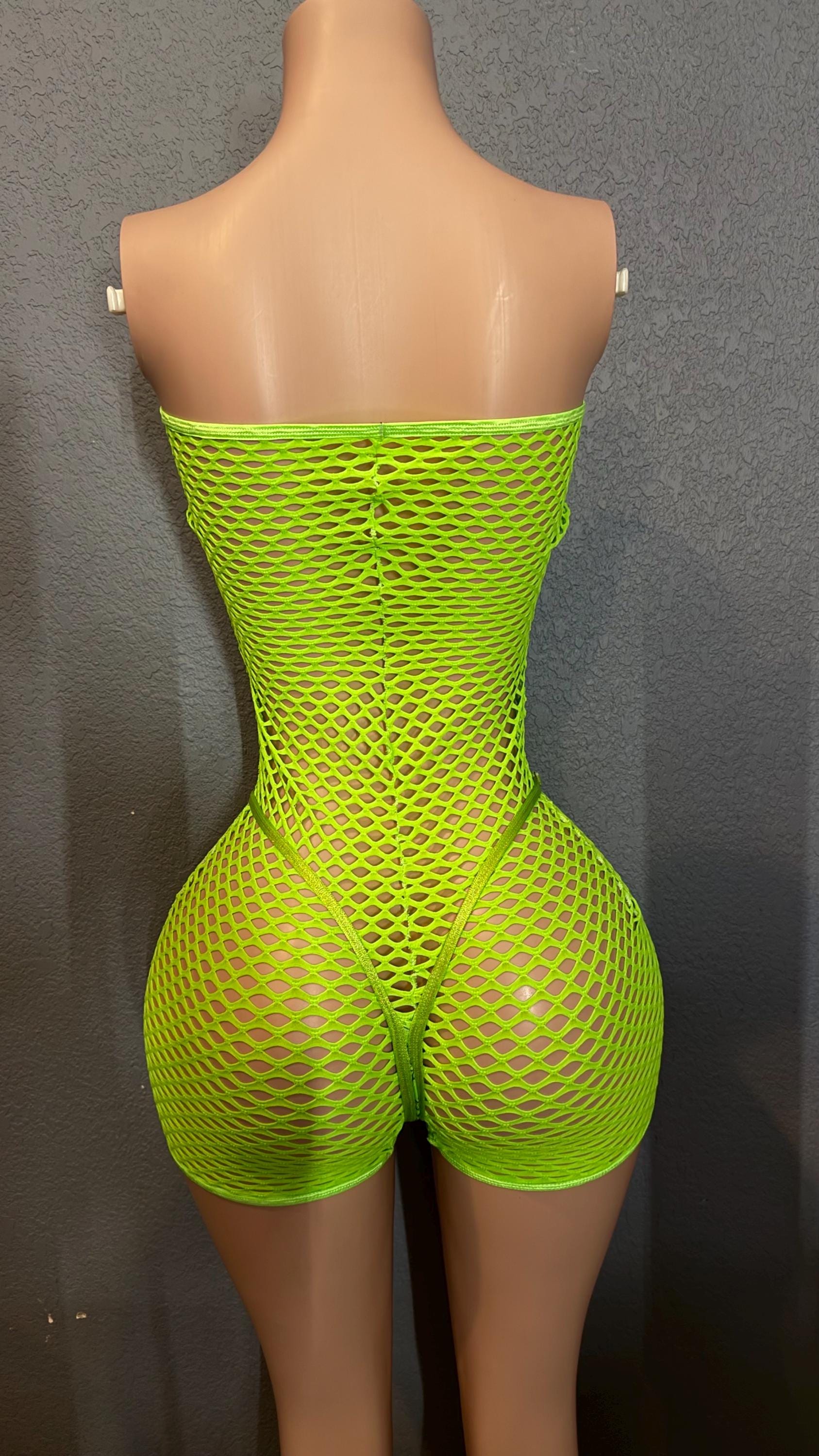 Lime green • glow in black light • mesh romper • stripper outfit • exotic dancewear • comfort thong • wide strap thong outfit