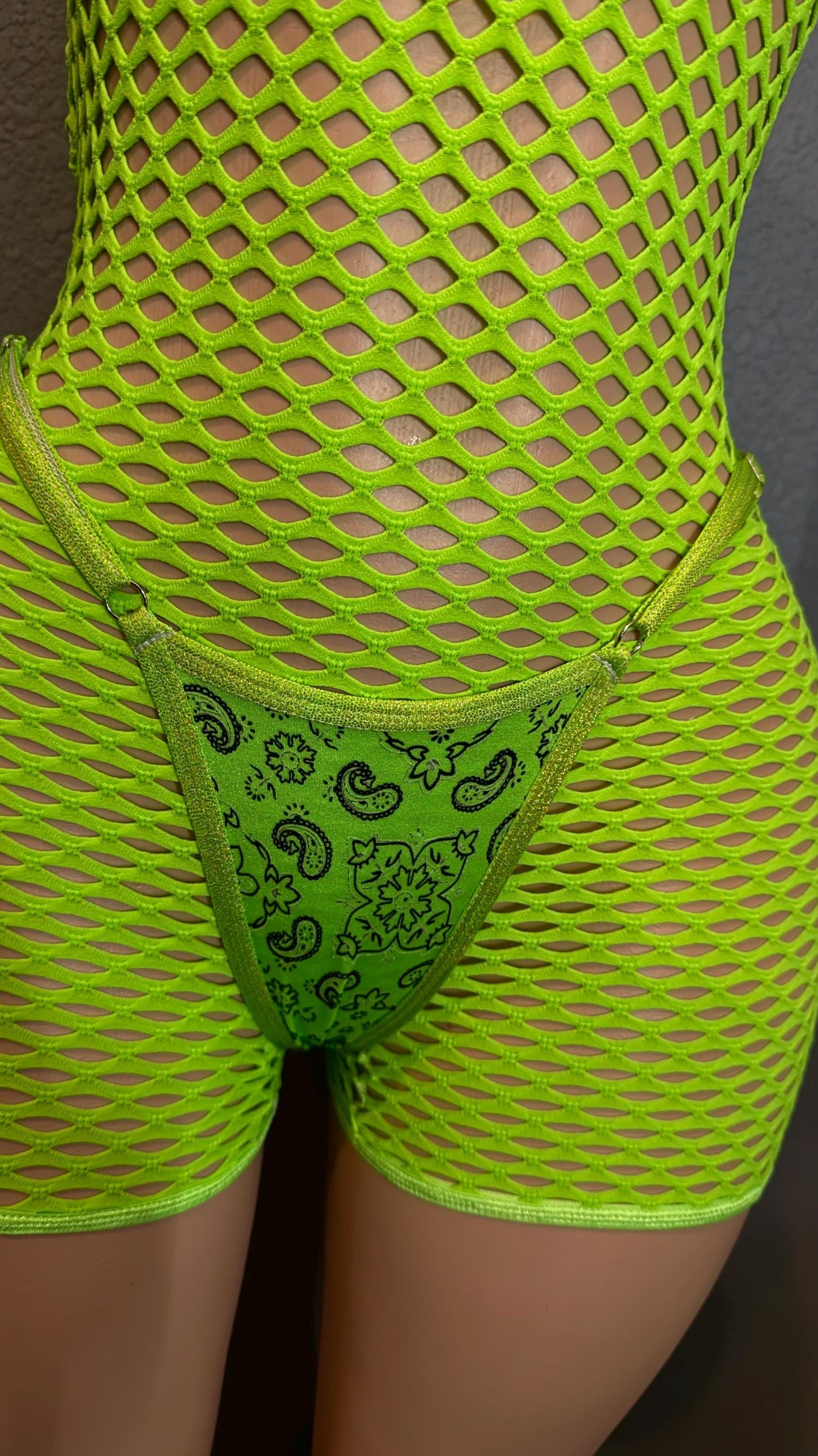 Lime green • glow in black light • mesh romper • stripper outfit • exotic dancewear • comfort thong • wide strap thong outfit