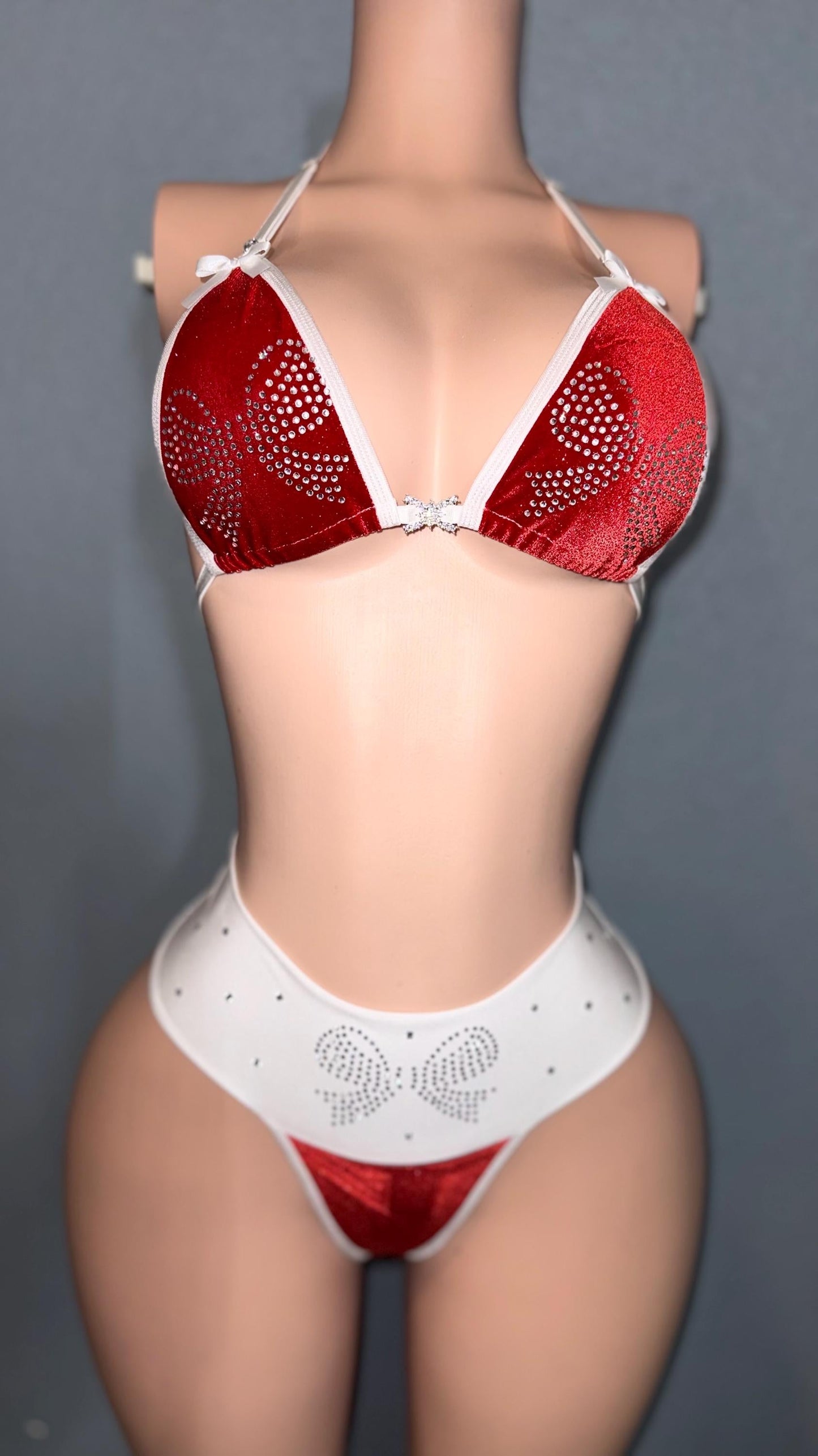 Rhinestone Bow Christmas Bikini: Corset Back Pole Dancer Set