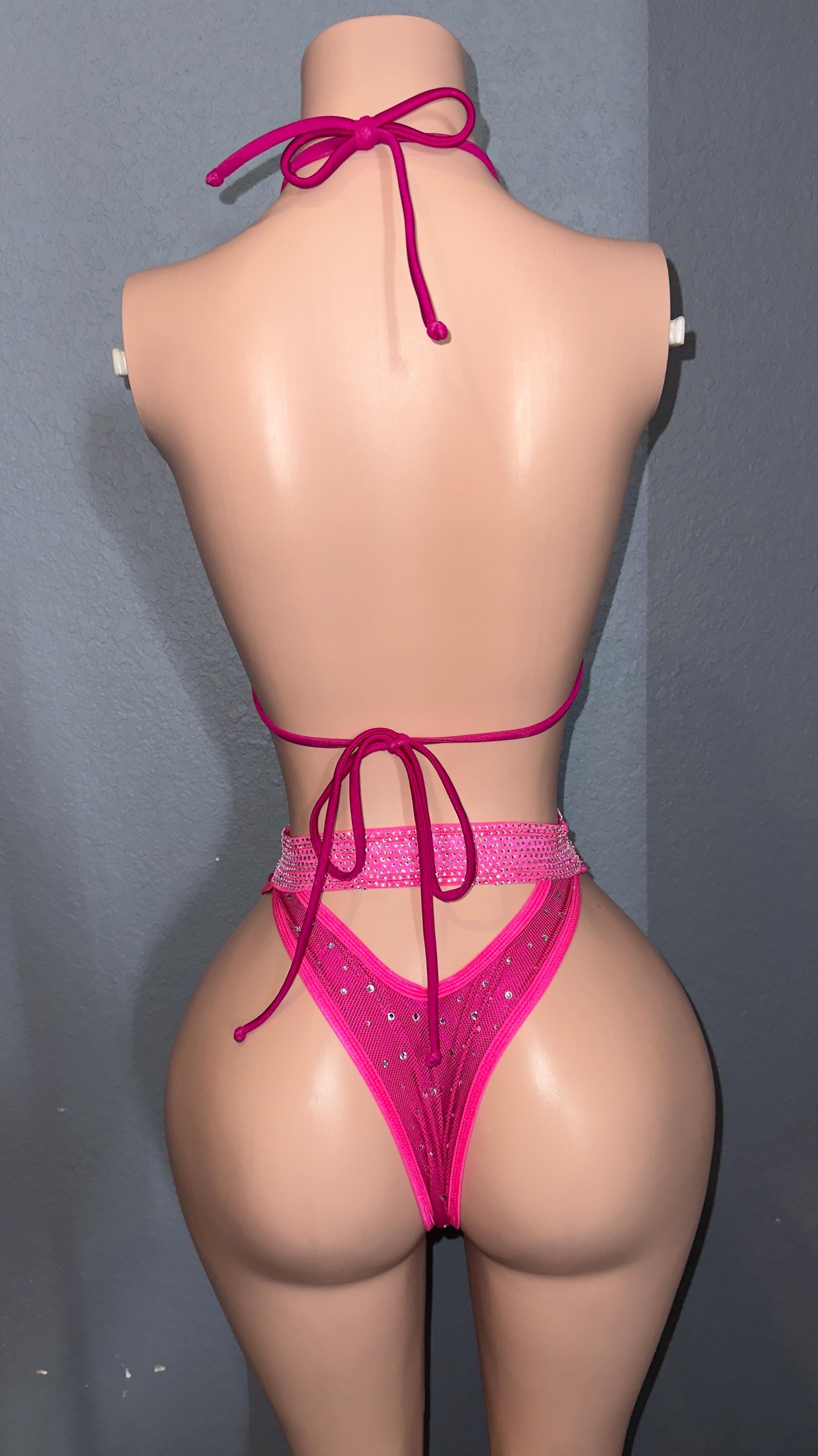 Rhinestone pink stripper bikini | exotic dancewear | handmade | belted bikini