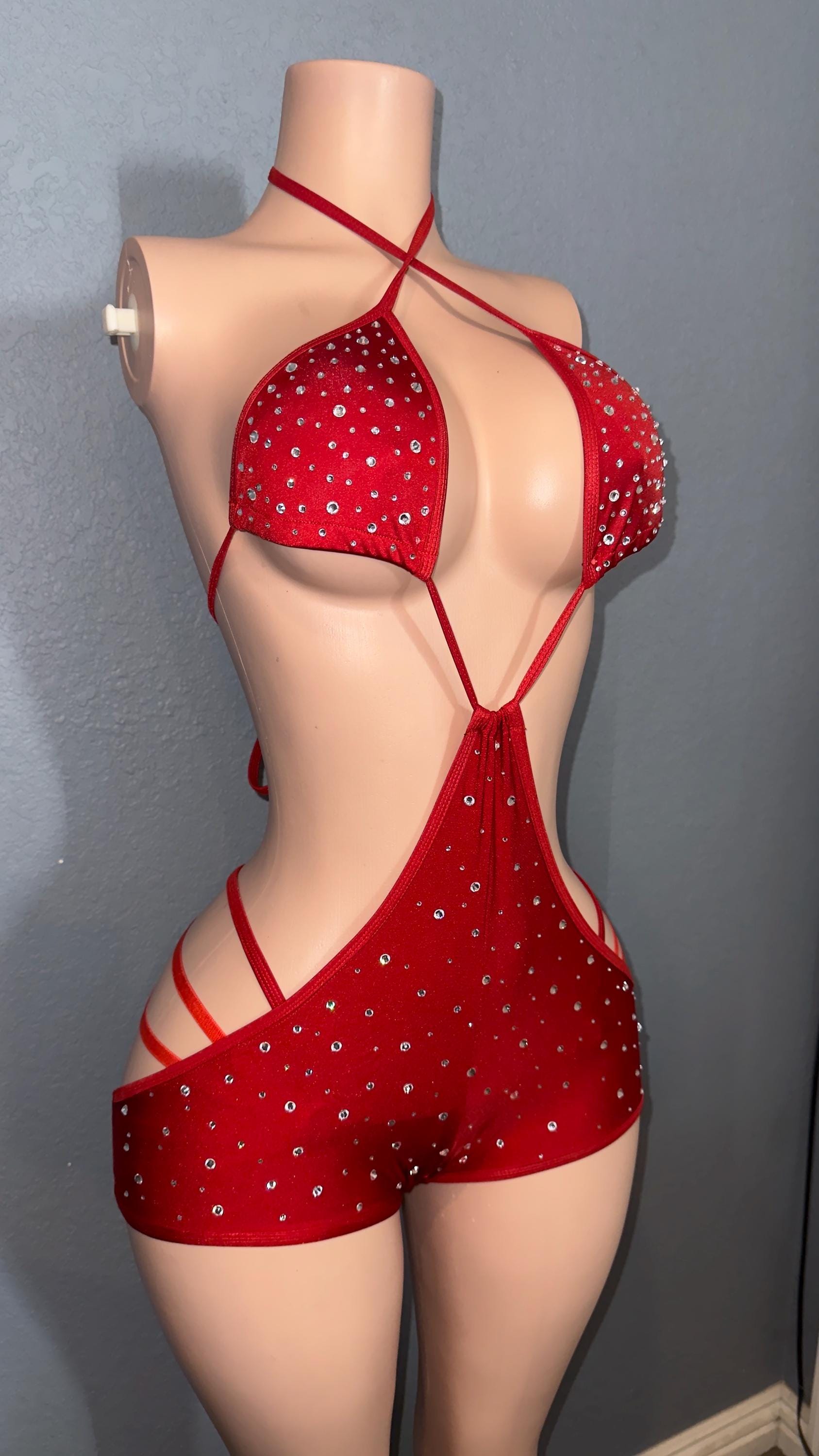 Rhinestone red stripper bikini | exotic dancewear | handmade | sling shorts set