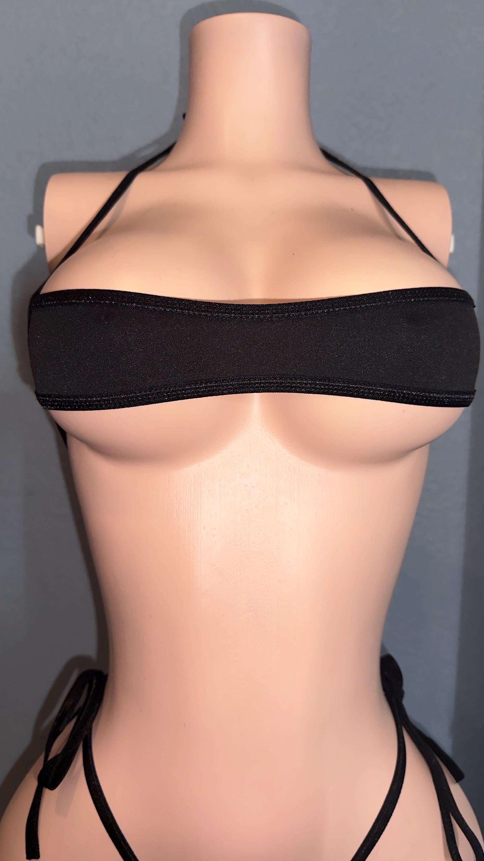 Classic black narrow bandeau stripper bikini with side ties.
