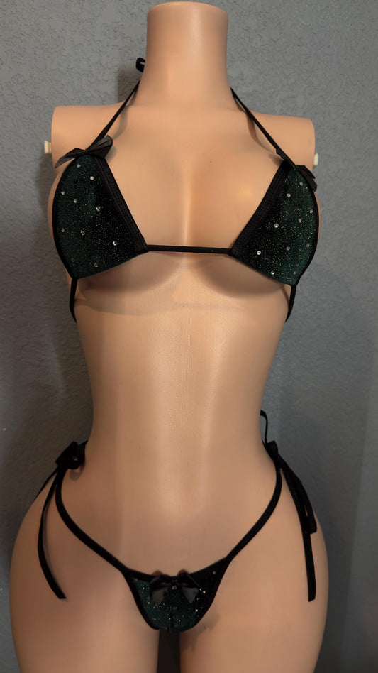 Green and gold flake velvet stripper bikini • exotic dancer outfit • pole outfit