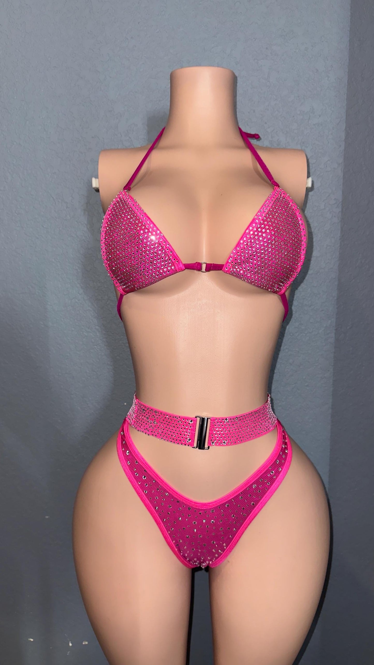 Rhinestone pink stripper bikini | exotic dancewear | handmade | belted bikini