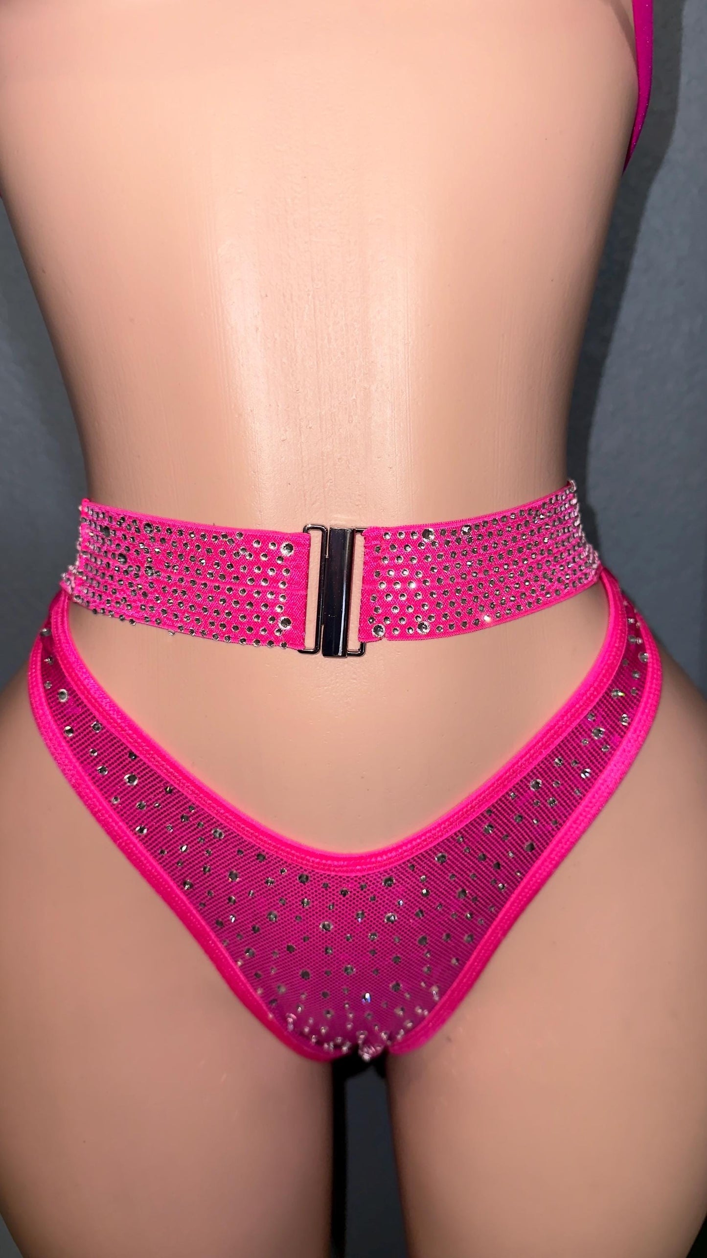 Rhinestone pink stripper bikini | exotic dancewear | handmade | belted bikini