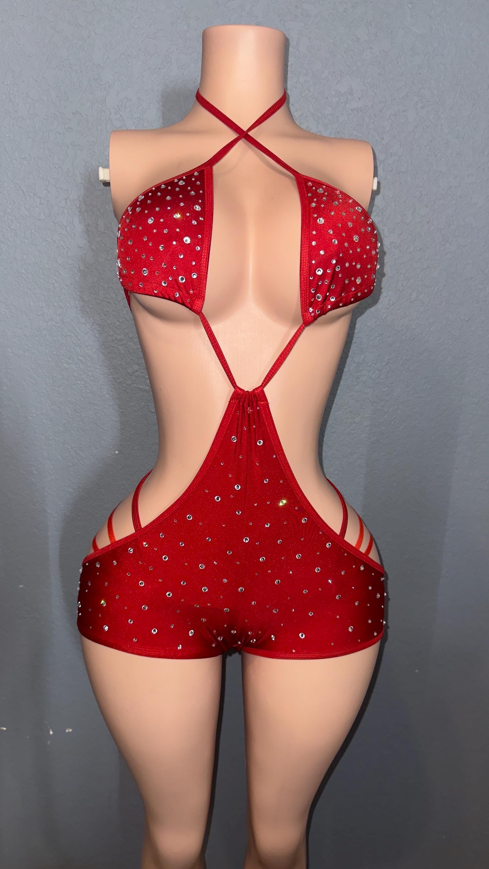 Rhinestone red stripper bikini | exotic dancewear | handmade | sling shorts set