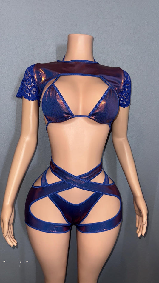 Holographic mystic foiled spandex bikini set with cross garters and a bolero top