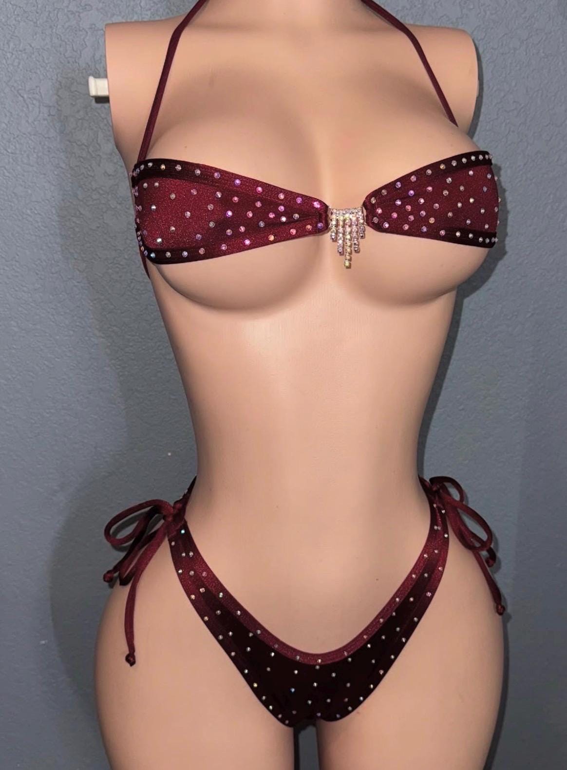 Deep burgundy rhinestone bandeau bikini | Stripper outfit | Exotic Dancewear