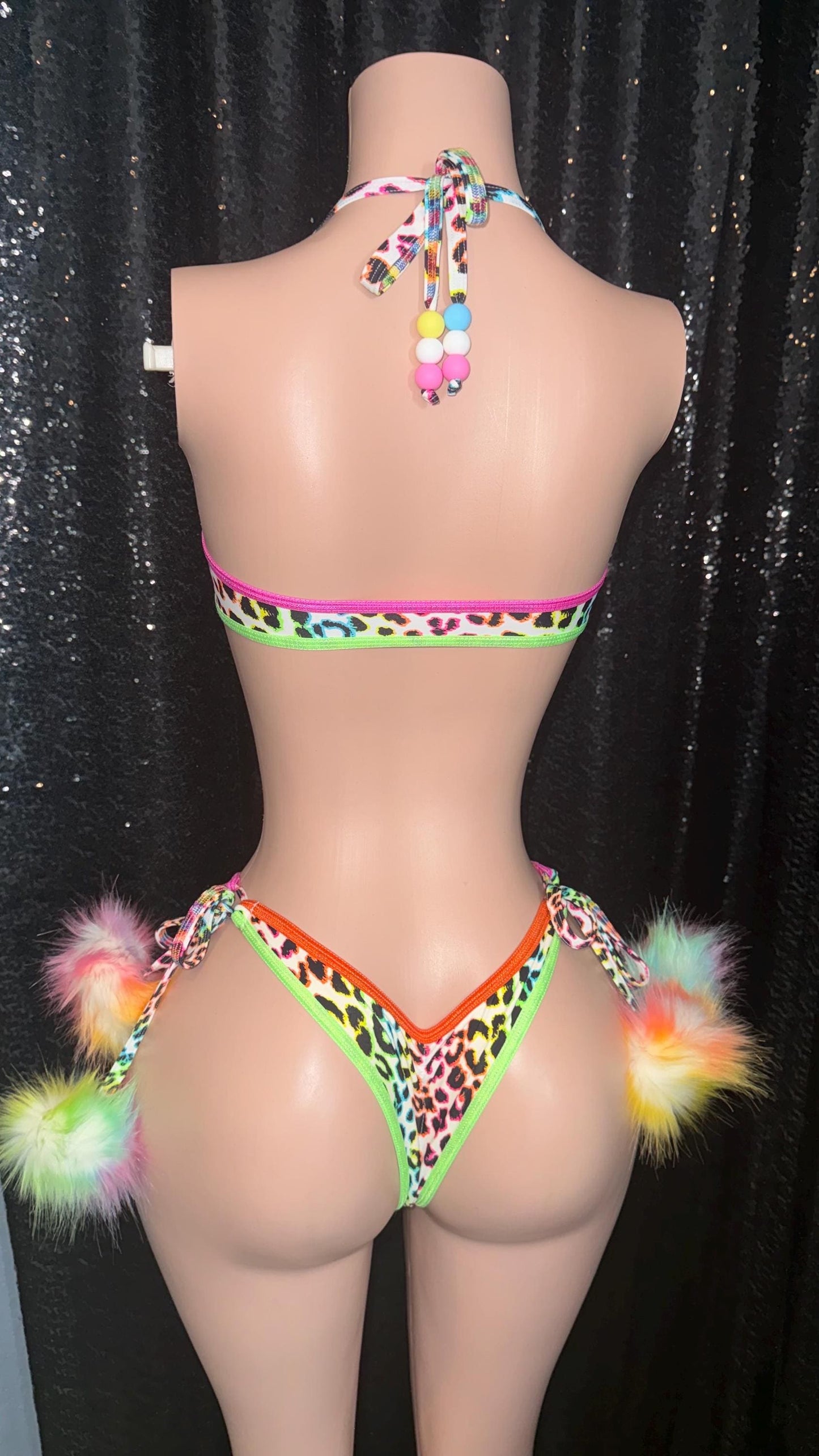 Lisa Frank inspired color blocked rave bikini with furry Pom Poms