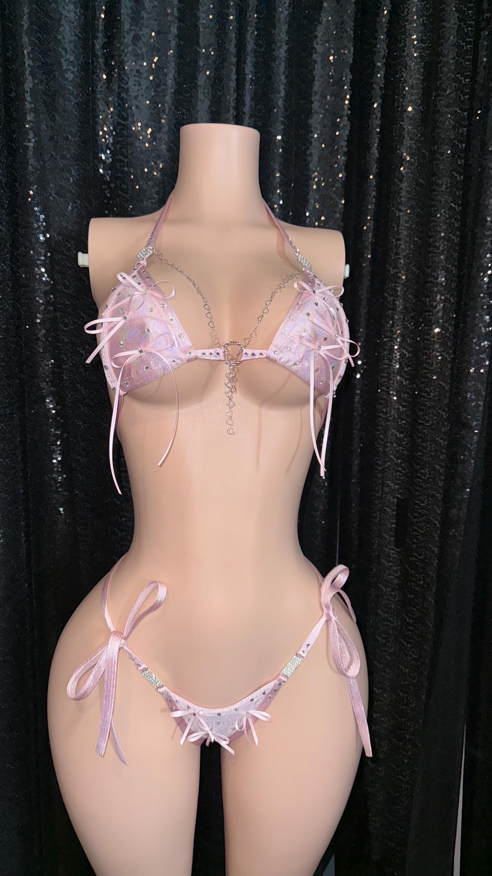 Pink bikini with chain embellishments | exotic dancewear | handmade | custom