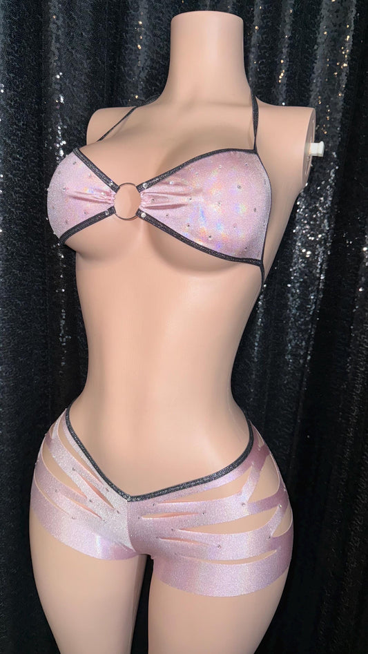 Baby pink stripper cut shorts two pierce halter bandeau set