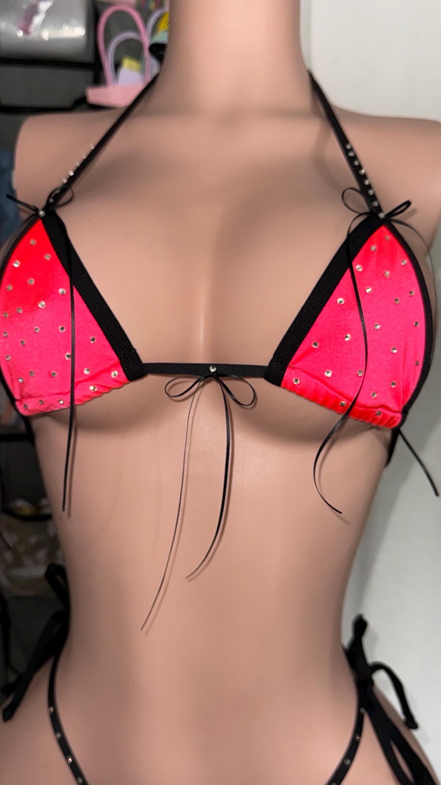 Pink bikini with ribbon bow and black accent binding | exotic dancewear | handmade | custom