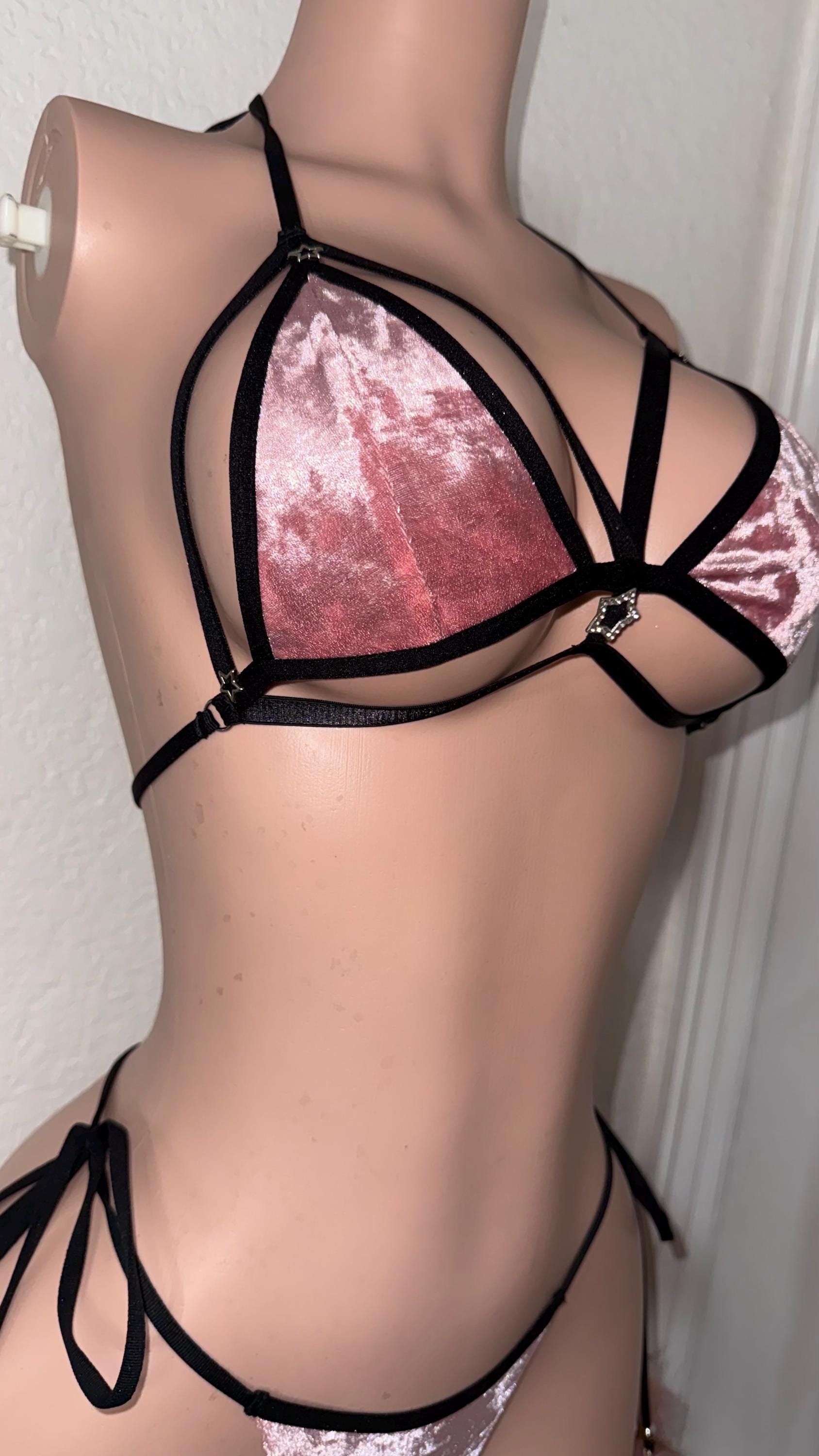 Pink Velvet Strappy Bikini with Detachable Pom Poms | Exotic Dancewear, Festival Lingerie