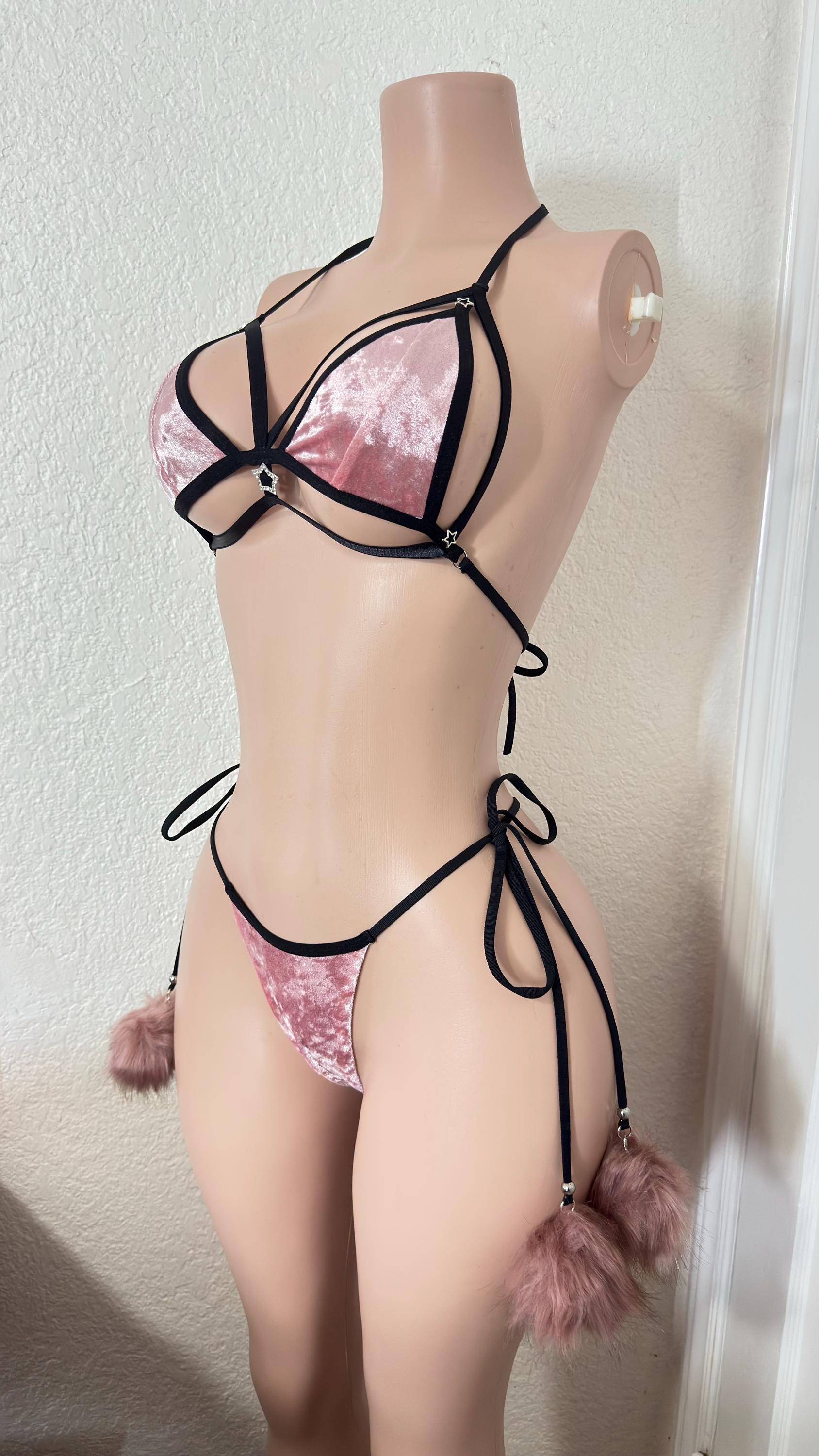 Pink Velvet Strappy Bikini with Detachable Pom Poms | Exotic Dancewear, Festival Lingerie
