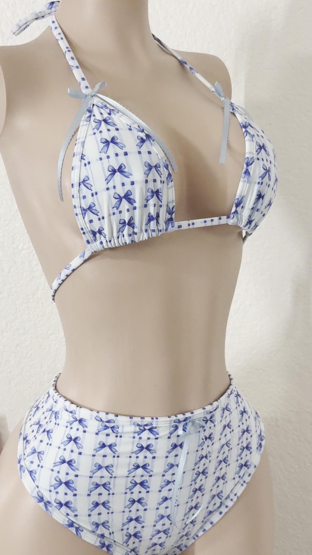 Blue Bow Bikini Set | Triangle Halter Top + High Waist Cheeky Bottoms | Bow Print Swimsuit | Y2K Coquette Beach Set | Summer Swimwear
