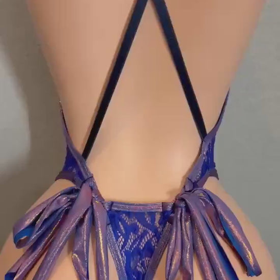 Royal blue stripper one piece with a thong set. Adjustable with bows adoring the booty. Dancewear set with adjustable straps